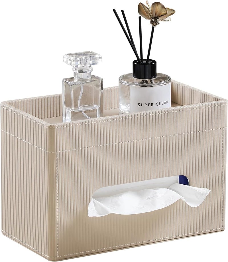 Cretkhp Tissue Box Cover Rectangle with Storage Tray, PU Leather Tissue Holder for Bathroom Vanity Countertop Night Stands Bedroom Office Desk, Stylish Rectangular Tissue Box Holder (Beige) - Image 1